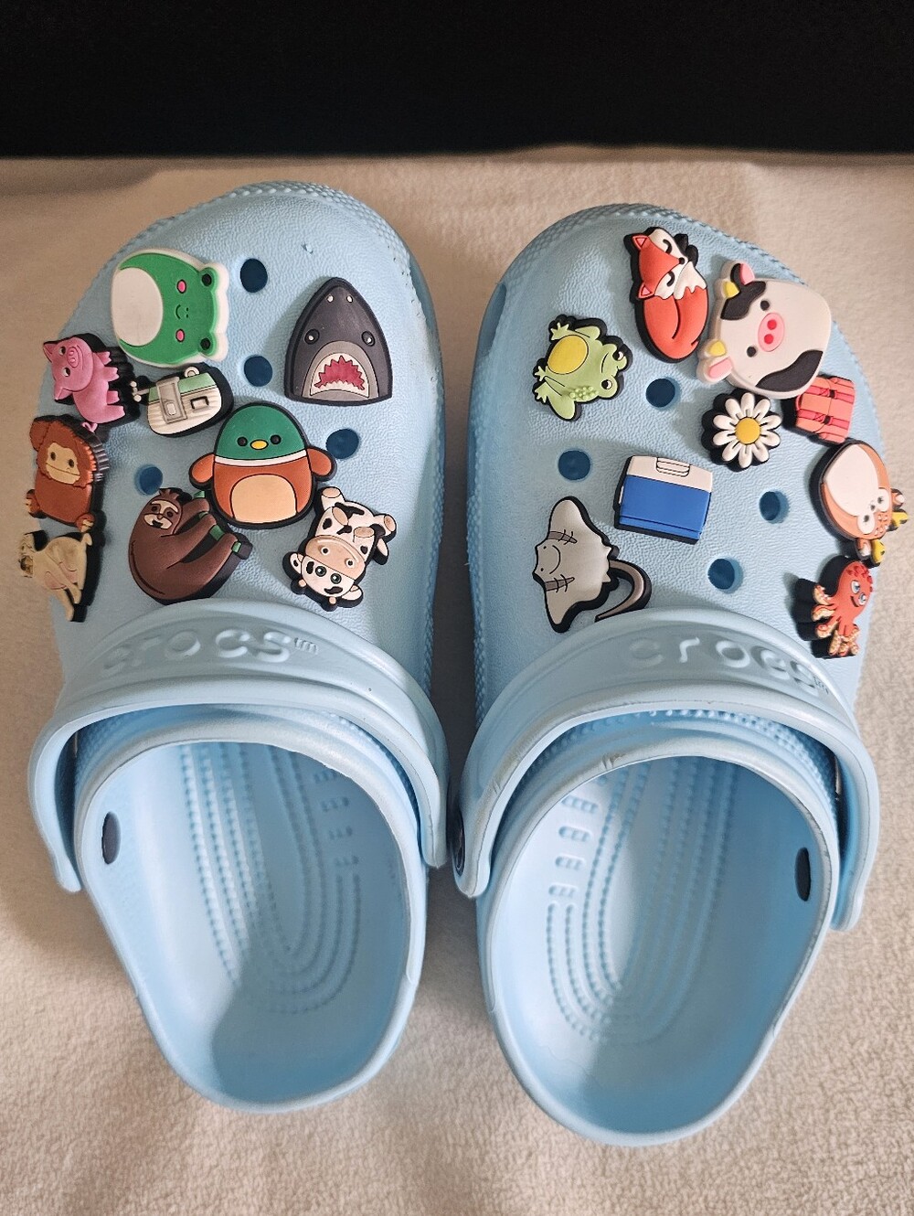 CROCS Light Blue Kids Unisex Clogs with Character Jibbitz Charms SIZE J 3